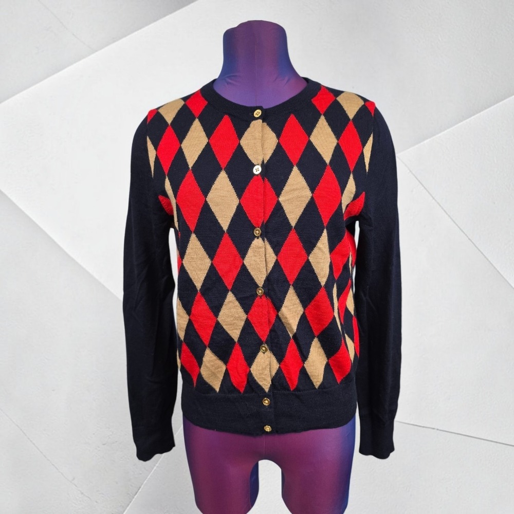 J.Crew Women Navy Blue Red Argyle 100% Merino Wool Button Front Cardigan Large